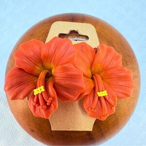Orange / Reddish Hibiscus Flower Fimo Clay Earrings